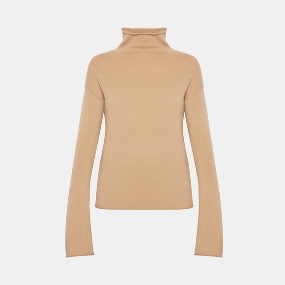 theory cashmere bell sleeve mock neck sweater in camel, size small - Picture 5 of 11